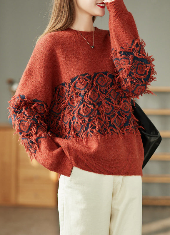 Vintage Jacquard Tassel Round Neck Knitted Loose Sweater