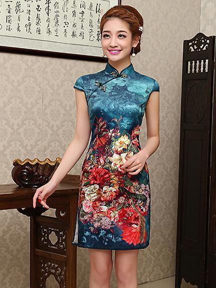 Blue Floral Short Cheongsam Dress