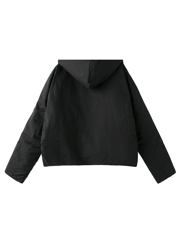 Simple Black Simple Solid Bat-Sleeve Cotton Outwear