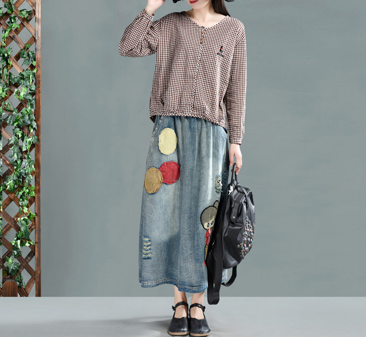 Embroidered Retro A-Line Denim Skirt