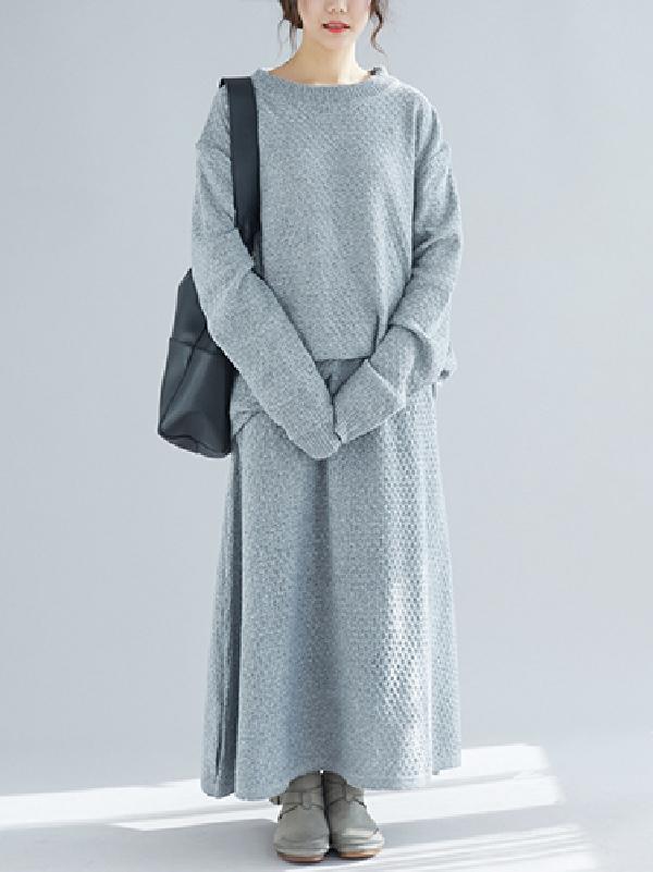 Loose Knitting Round-neck Sweater+Skirt Suits