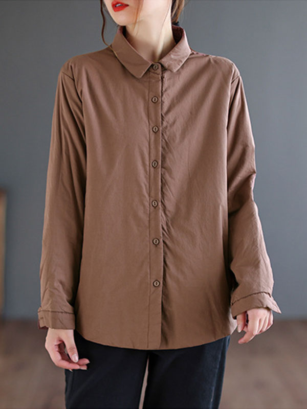 Retro Solid Color Lapel Collar Cotton Shirt