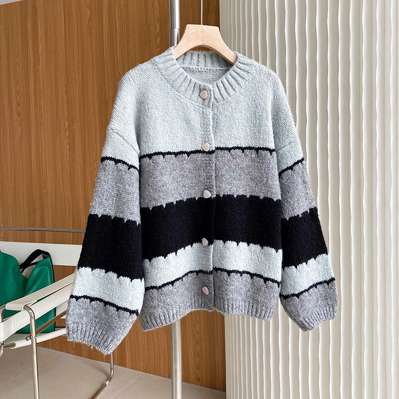 Color Block Round Neck Knitted Sweater Coat