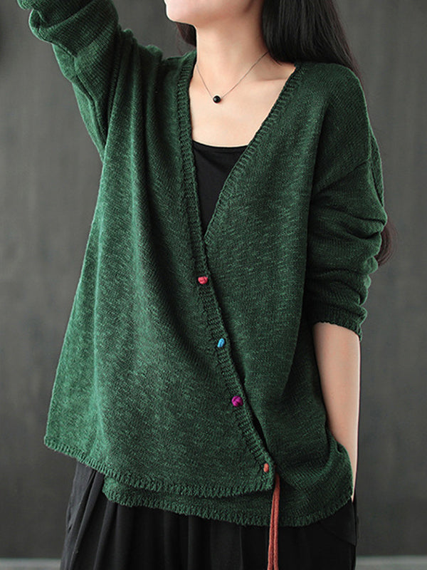 Solid V-Neck Loose Retro Cardigan Outwear
