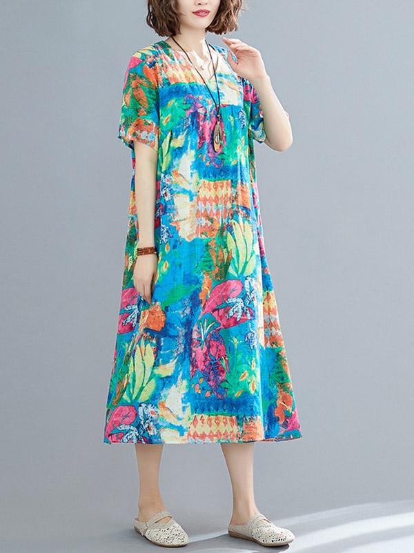 Loose Floral V Neck Dress