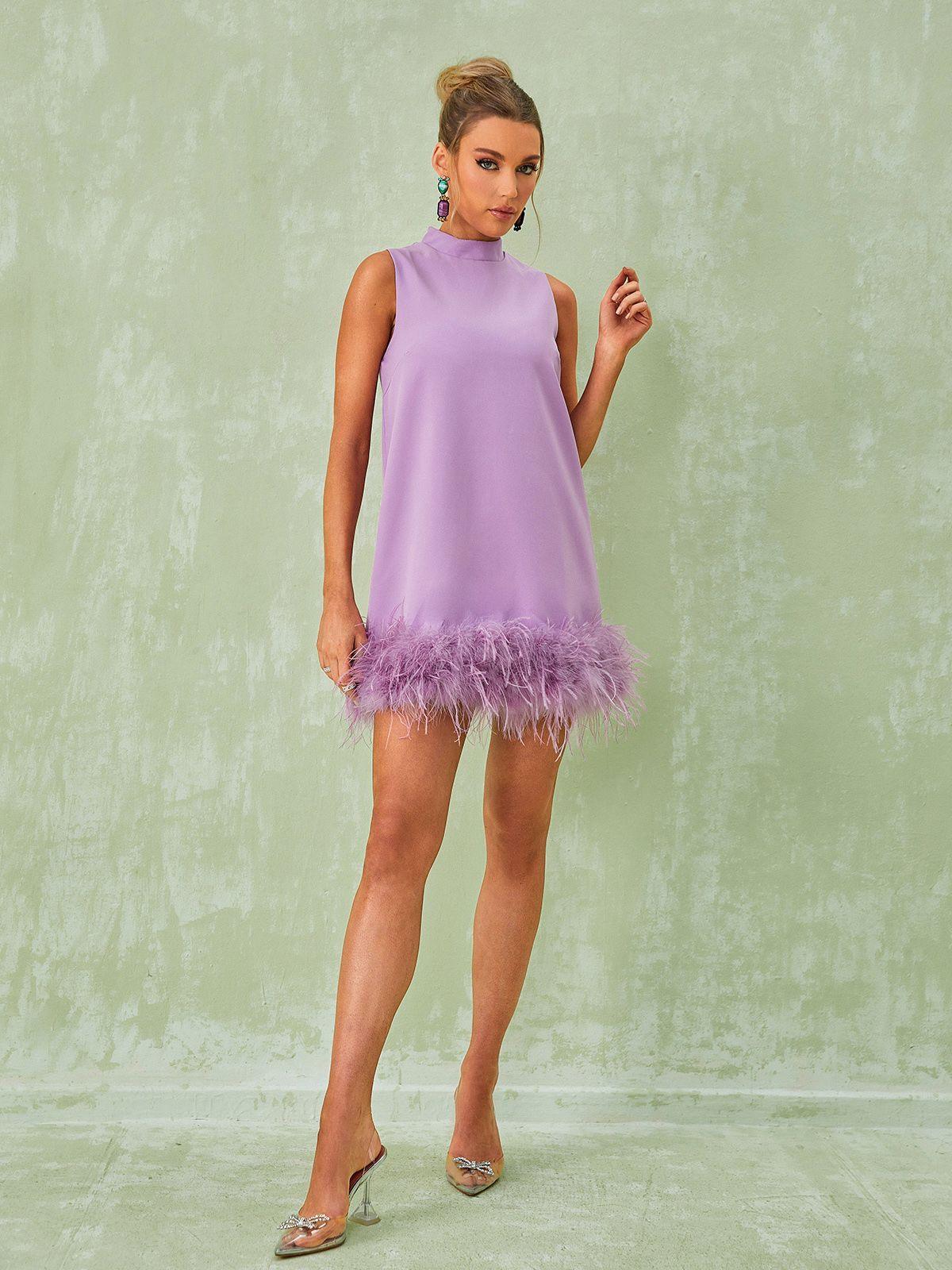 Nisha Feather Mini Dress In Lilac