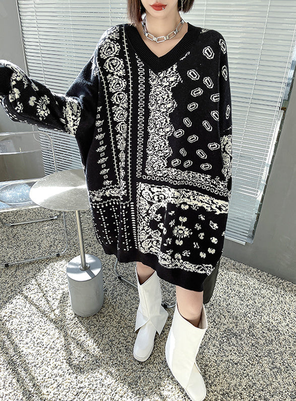 Loose Mid-Length Jacquard Retro Knitted Sweater