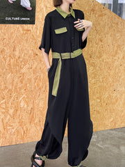 Short Sleeves Slim Color Block Jumpsuit