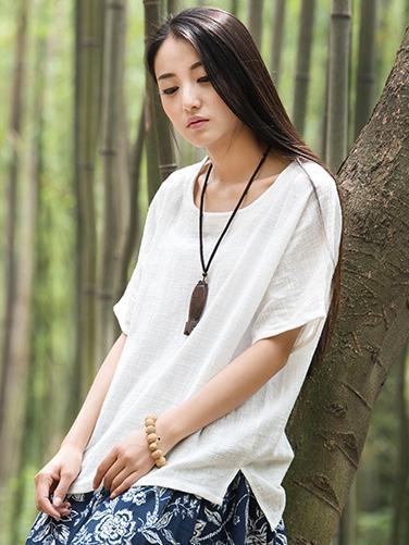 White&Purple High-low Short Sleeves Ramie Cotton T-shirt