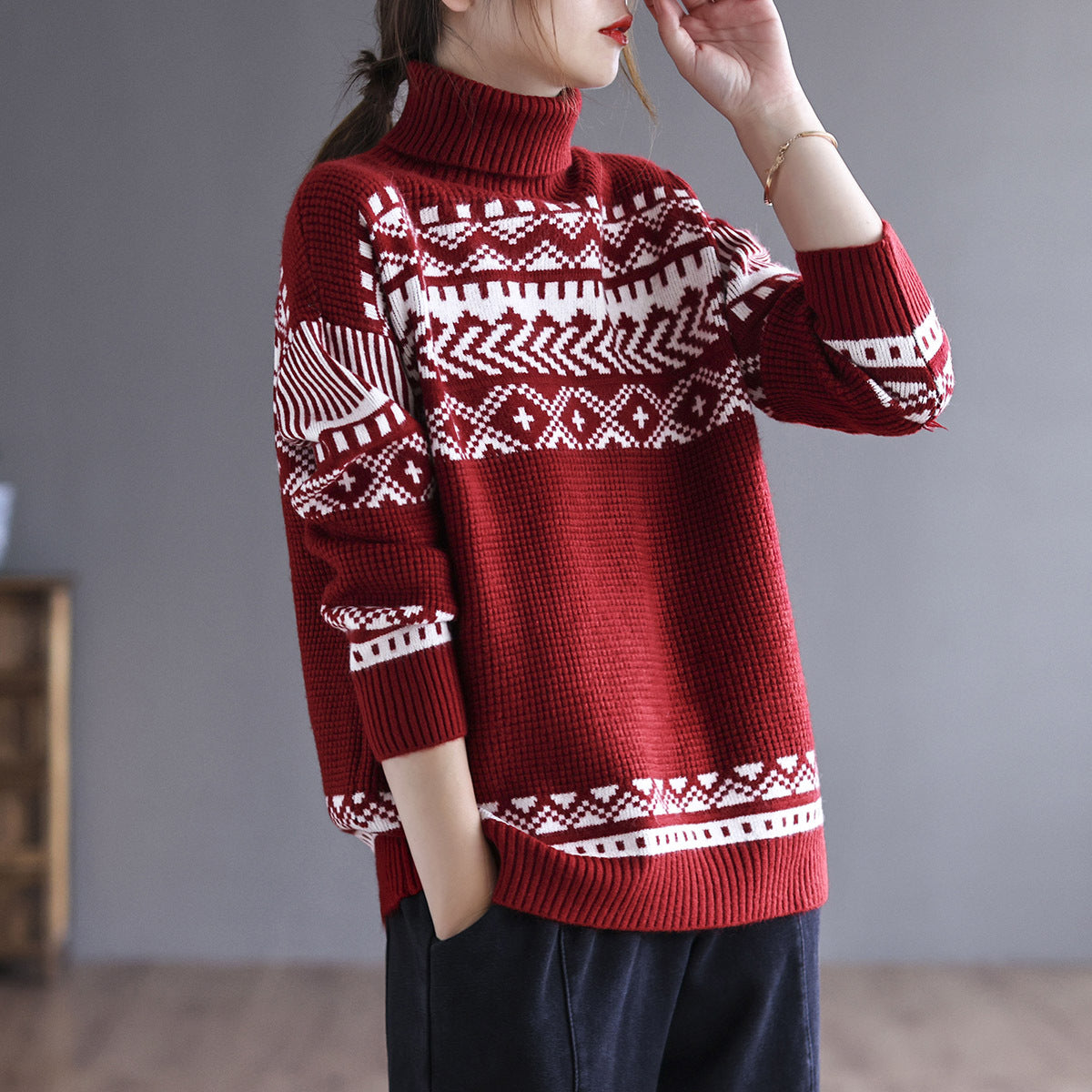 Vintage High Neck Crochet Knitted Sweater