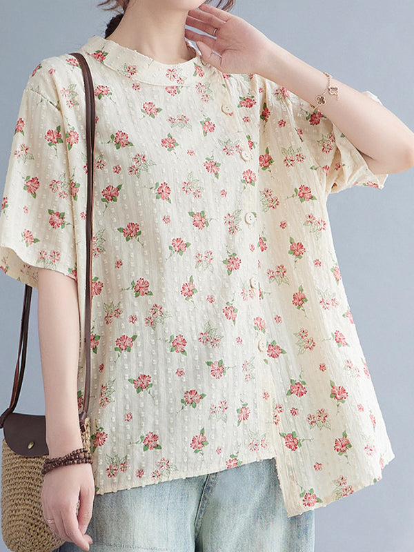 Floral Print Stand Collar Casual T-Shirt