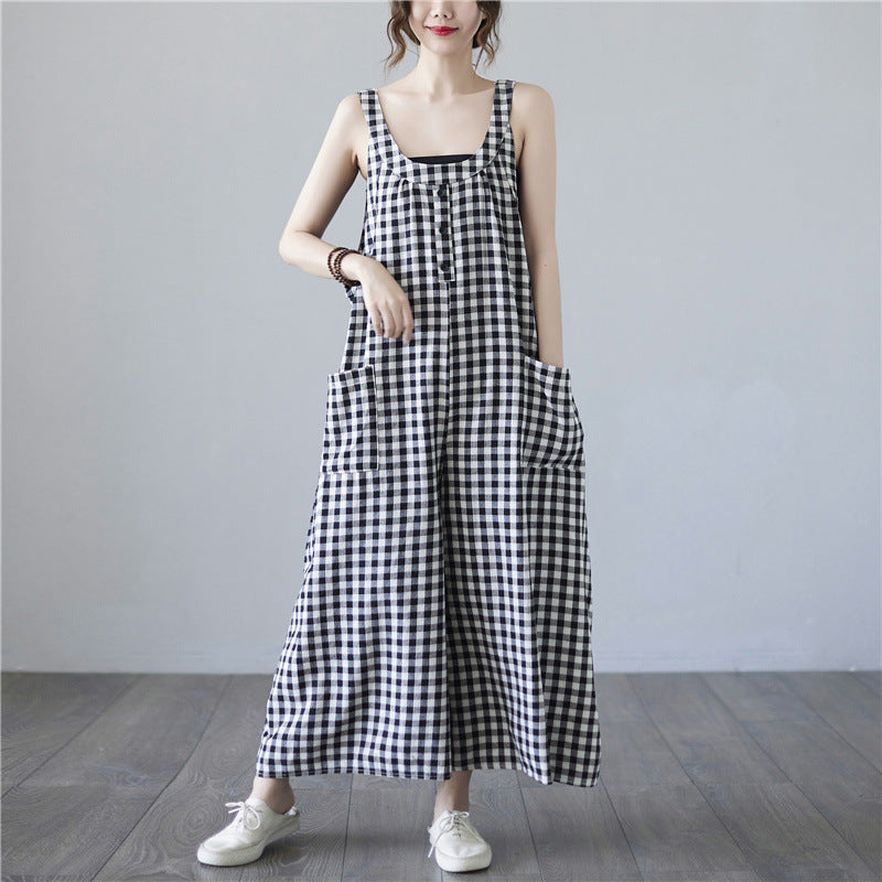 Literary Plaid Sleeveless Casual Loose Jumpsuit