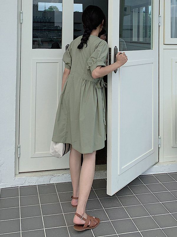 Original Solid V-Neck Puff Sleeve Dress