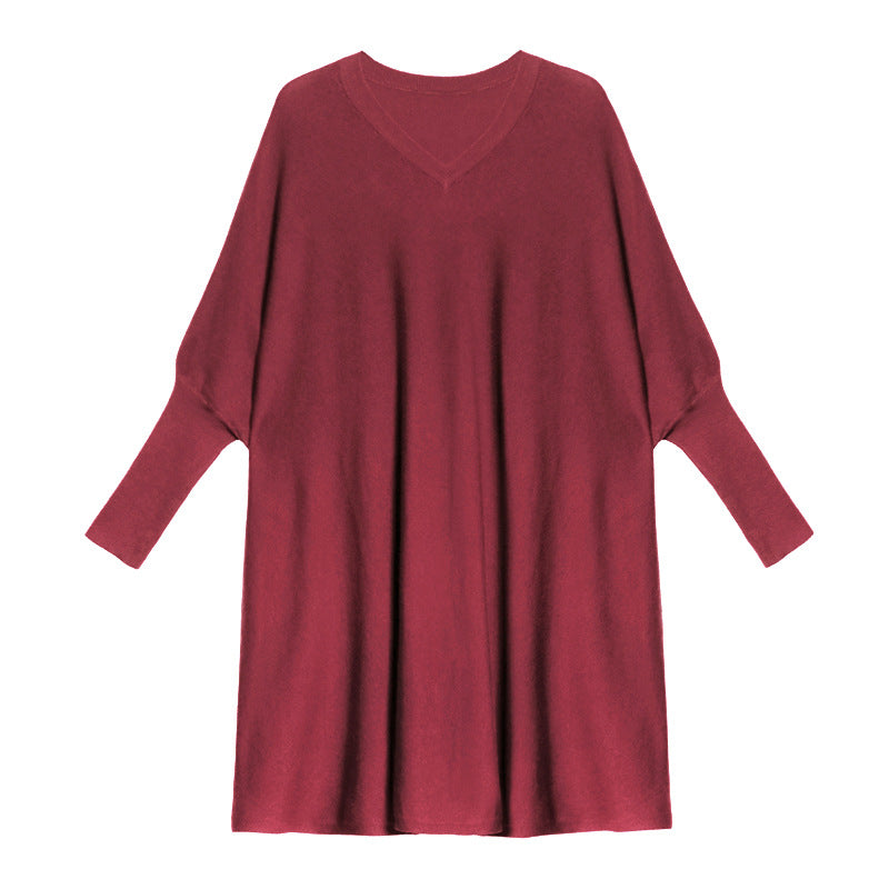 Loose V-Neck Bat Sleeve Sweater Dress