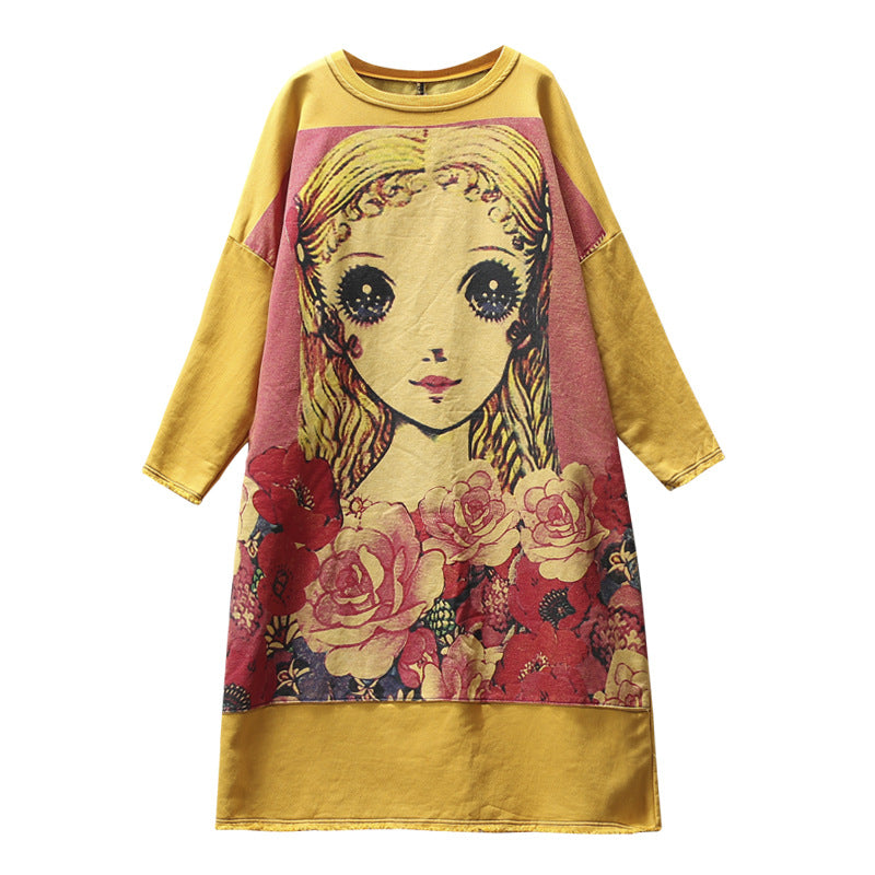 Retro Cartoon Print Round Neck Loose Midi Dress