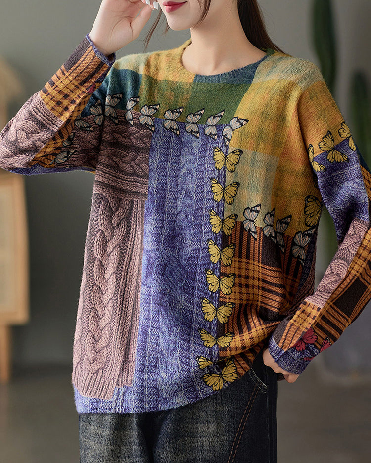 Retro Contrast Color Print Knit Round Neck Sweater