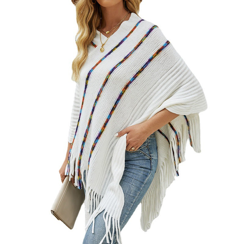 Colorful Tassel Knitted Round-Neck Shawl Sweater