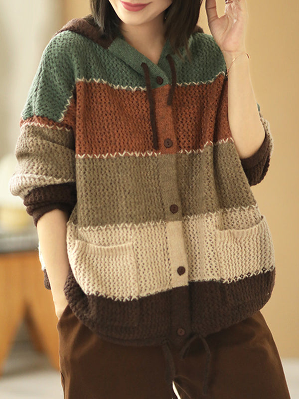 Retro Color Striped Hooded Sweater