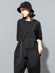 Striped Splicing Cropped Lace-Up T-Shirt