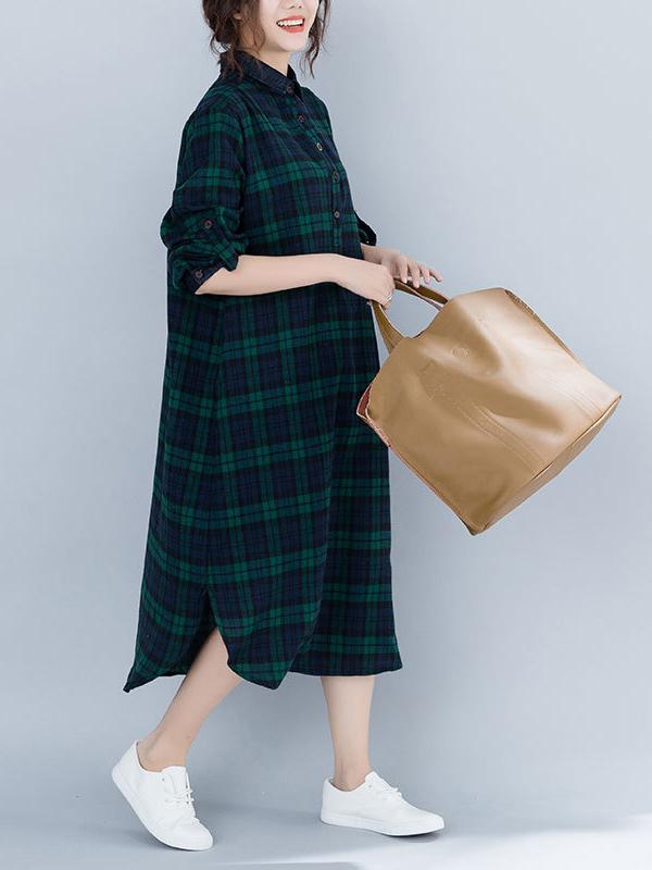 Loose Plaid Split-Joint Shirt Dress