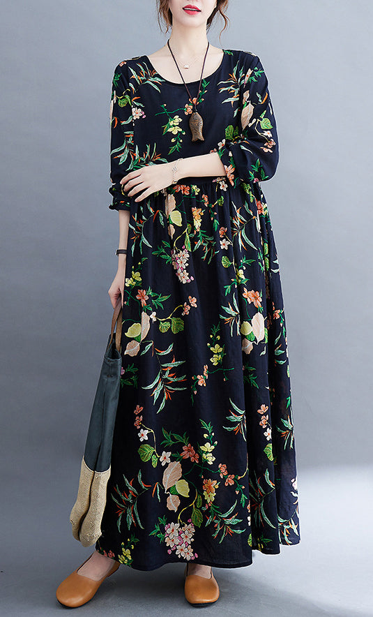 Round Neck Long Sleeve Floral Printed Retro Maxi Dress