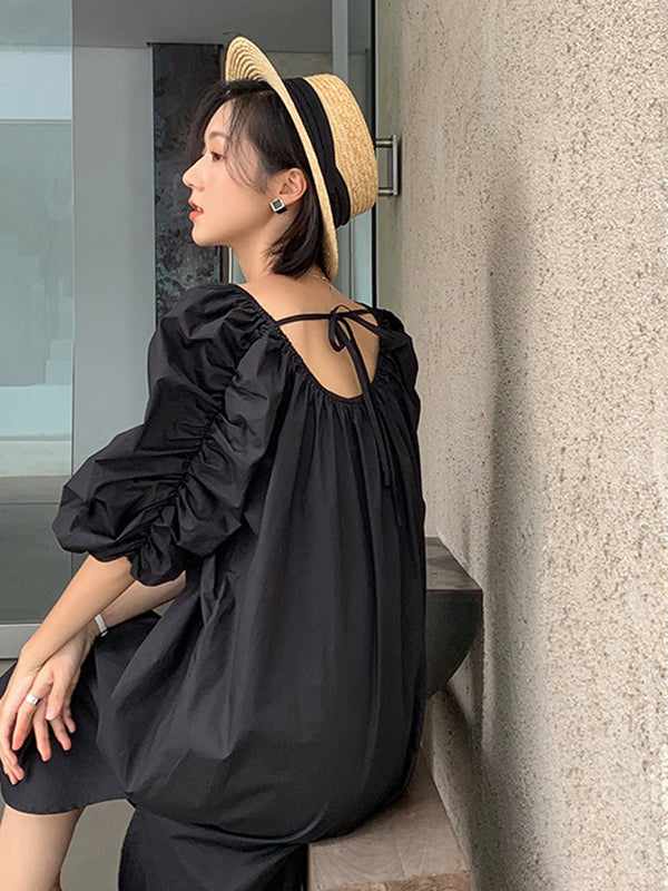 Simple Solid Color Loose Lantern Sleeve Dress