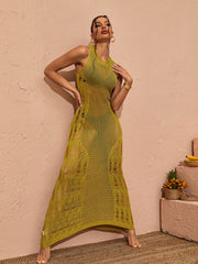 Julieta Hollow Knitted Maxi Dress In Green