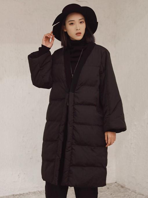 Simple Black Lace-up Cotton-padded Cloths Coat Outwear