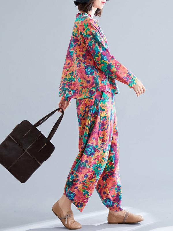 Loose Retro Floral Printed Blouses and Pants Suits