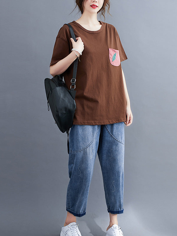 Loose Slim Pocket Patch Embroidered Casual T-Shirt