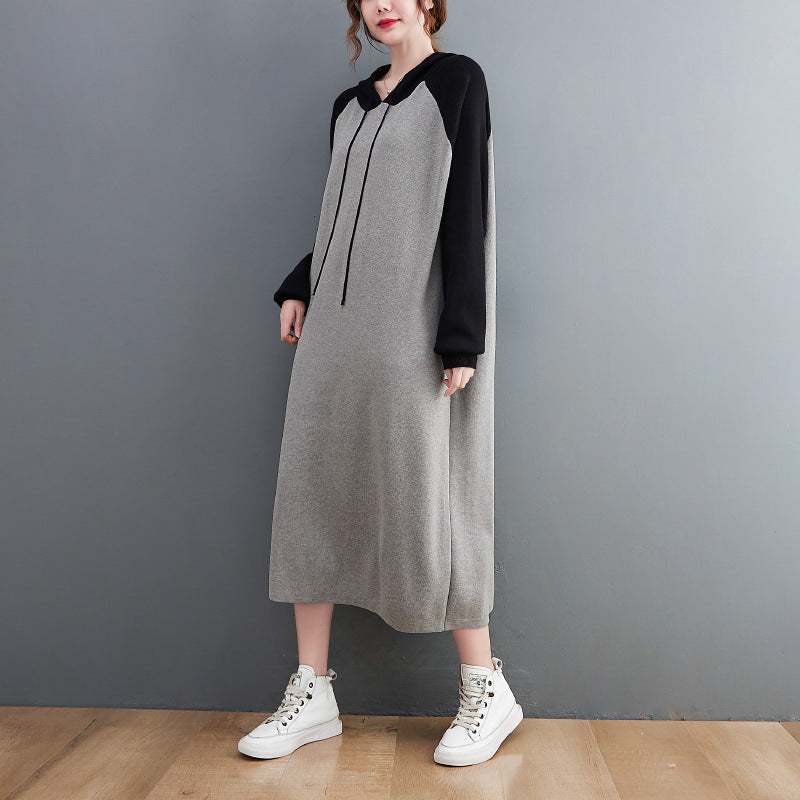 Retro Loose Color-Block Hooded Midi Dress