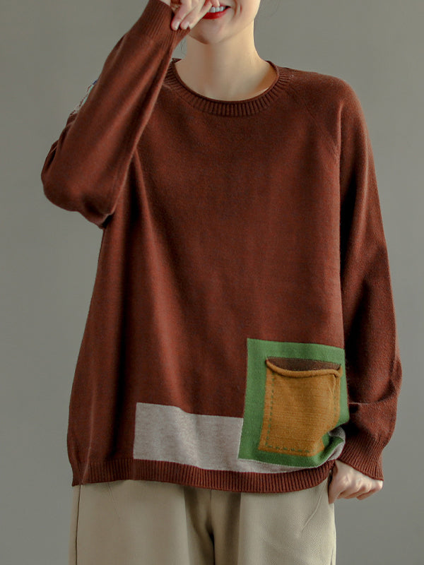 Patchwork Coil Button Loose Vintage Sweater