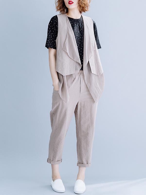 Two-Pieces Striped Cropped Vest And Harem Pants Suits