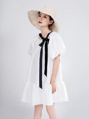 Loose Falbala Solid Lace-Up Puff Sleeve Mini Dress