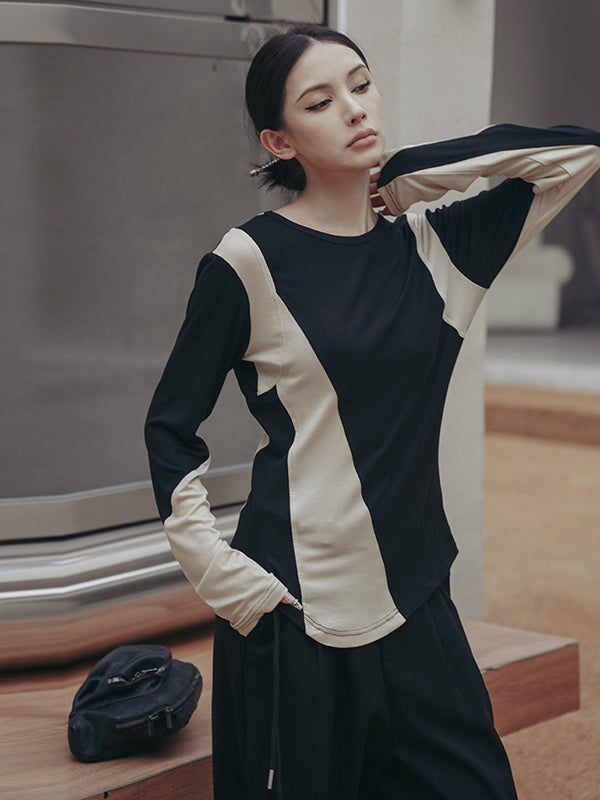 Original Creation Long Sleeves Skinny Contrast Color Asymmetric Split-Joint Round-Neck T-Shirts Tops