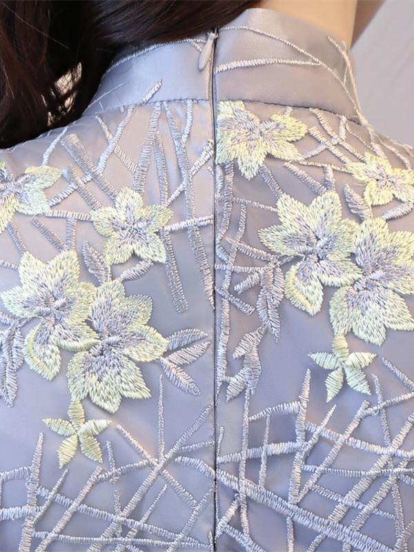 Lace Embroidered Flared Sleeves Short Cheongsam