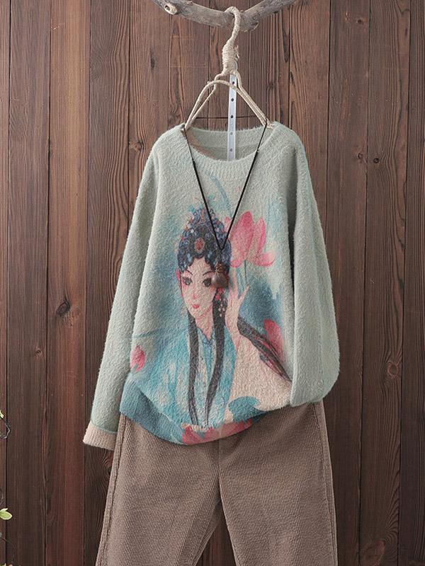 Retro Character Print Knit Sweater