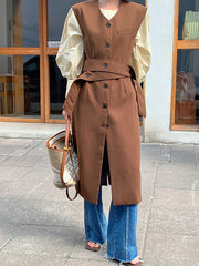 Solid Color Long Vest Jacket With Belt