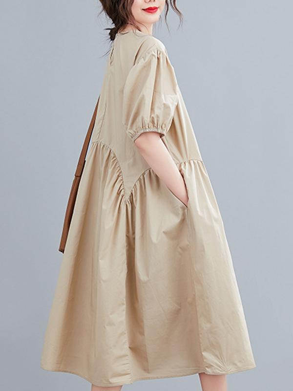 Fashion Solid Pleats Bishop Sleeve Dress