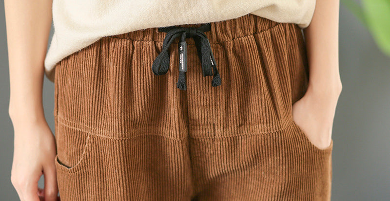 Loose Solid Color Drawstring Corduroy Pants