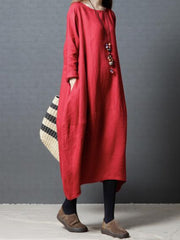 3 Colors Loose Ramie Cotton Long Sleeves Long Dress