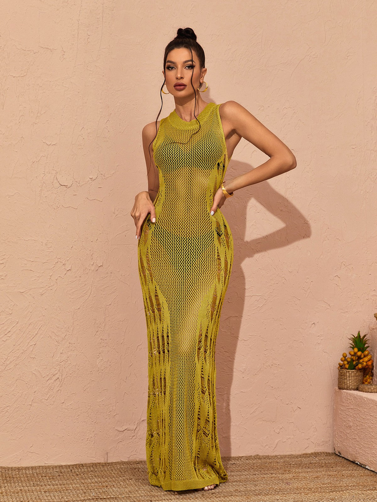 Julieta Hollow Knitted Maxi Dress In Green