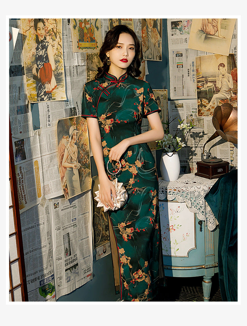 Standing Neckline High Slit Vintage Print Slouchy Cheongsam Maxi Dress