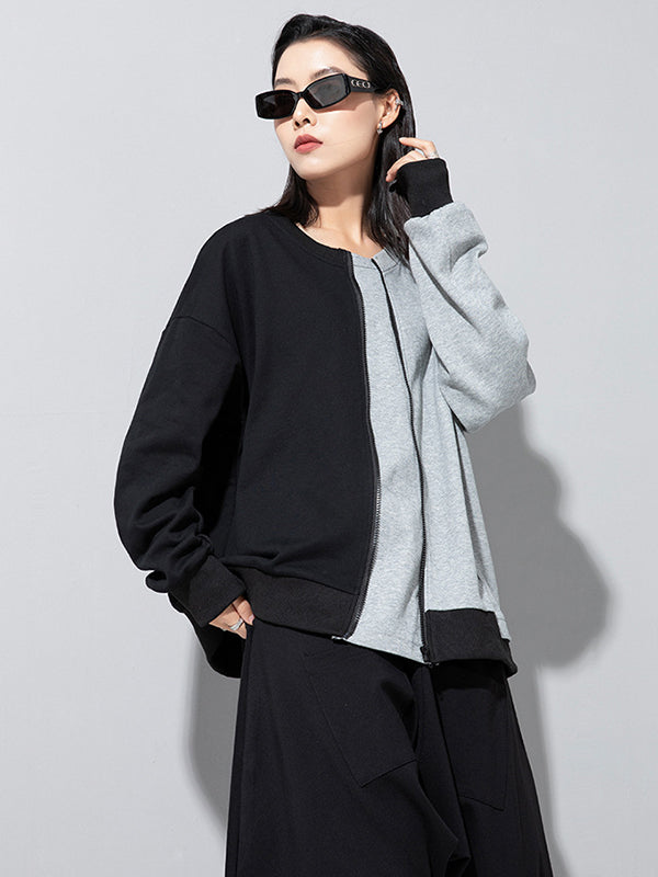 Casual Roomy Long Sleeves Contrast Color Split-Joint Zipper Round-Neck Sweatshirt Tops
