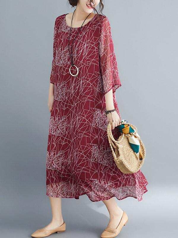 Loose Print Vintage Round Neck Dress