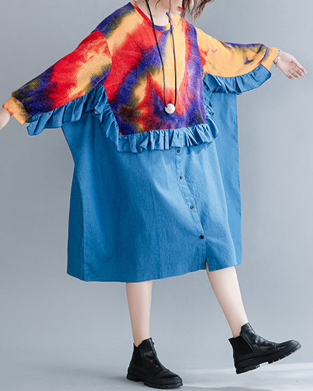 Loose Long Sleeve Tie-Dye Stitching Midi Dress