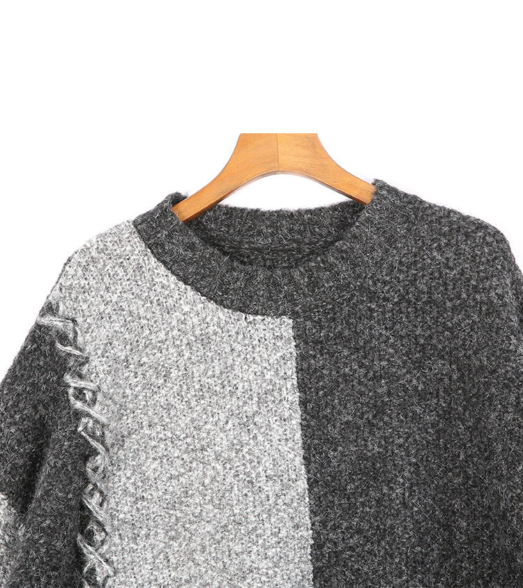 Women Round Neck Pullover Contrast Sweater