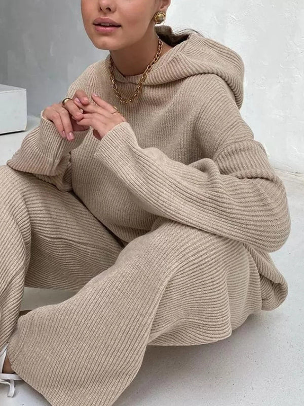 Loose Solid Color Round-Neck Hooded Long Sleeves Sweater Top + Drawstring Pants Bottom Two Pieces Set