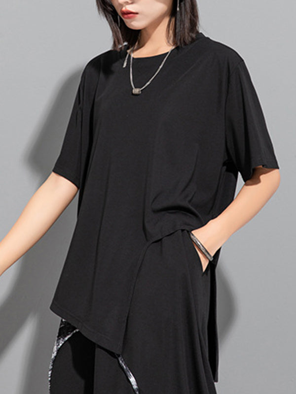 High-Low Irregular Clipping Pure Color Round-Neck T-Shirts Tops