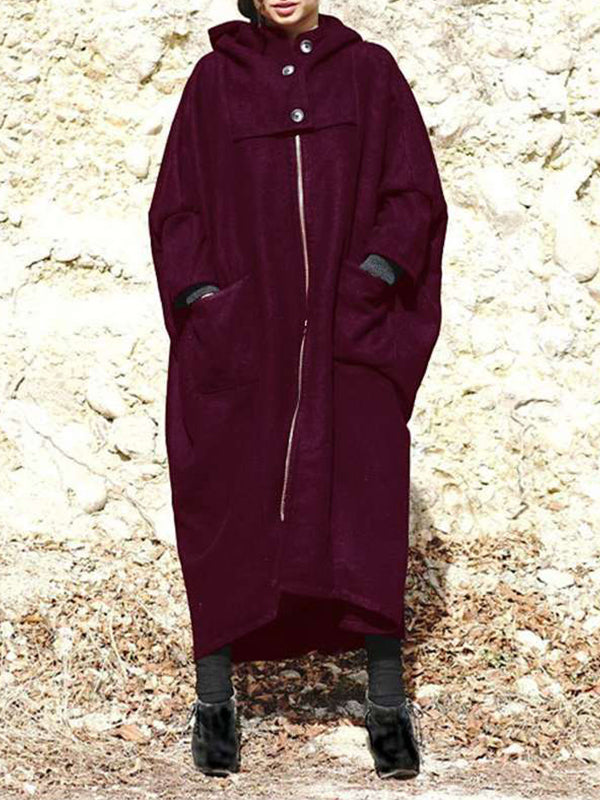 Solid Color Hooded Zipper Mid-Length Loose Outwear